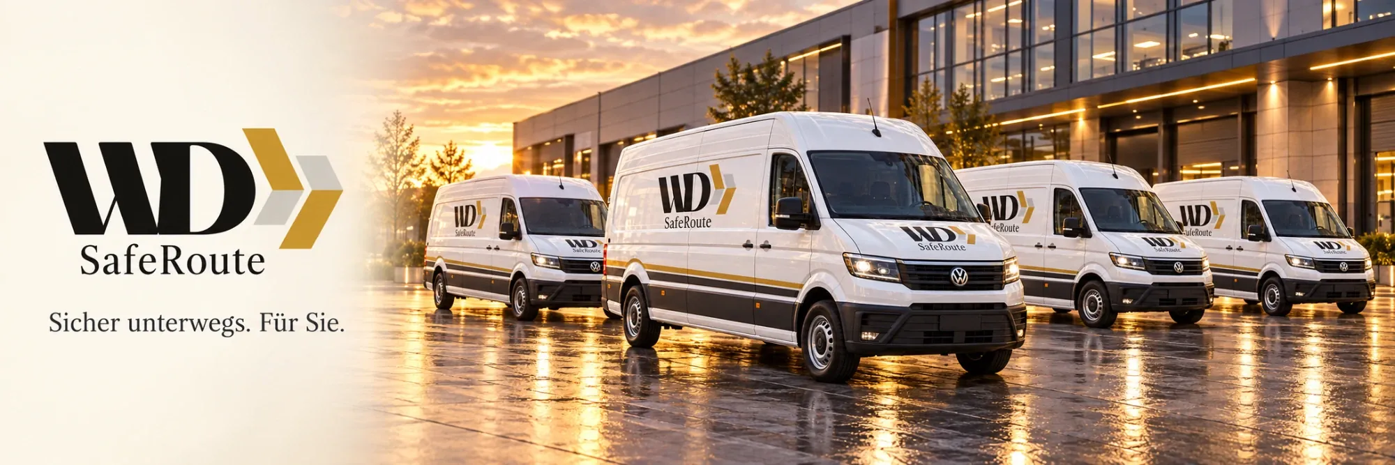 WD-SafeRoute Logo mit Transporter-Flotte