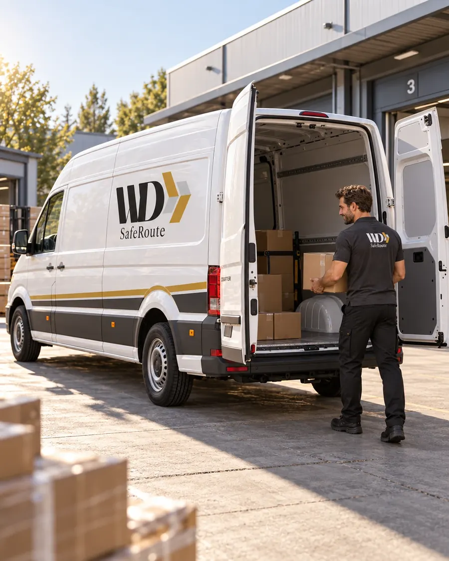 Fahrer belädt einen WD-SafeRoute-Transporter an der Rampe