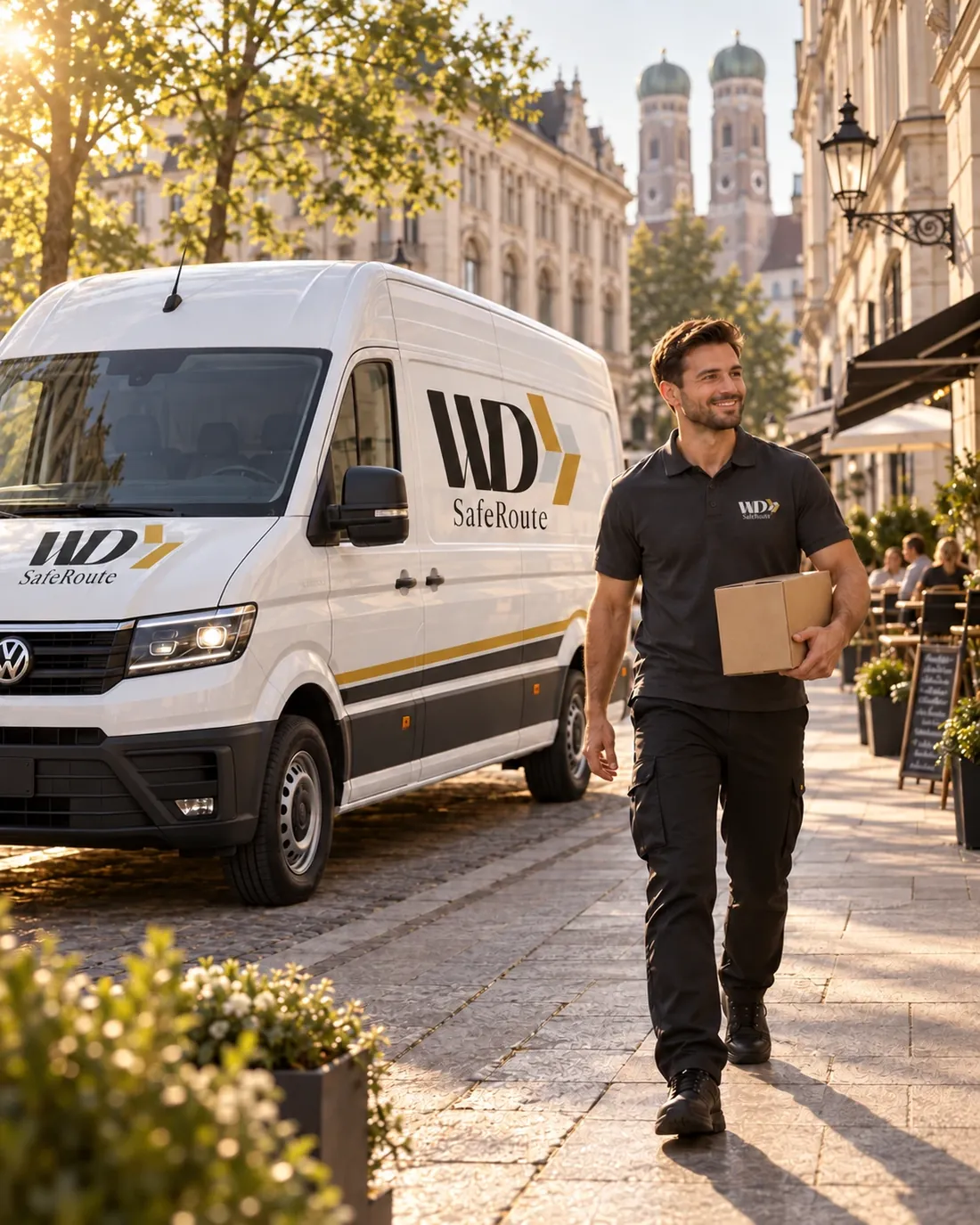 Fahrer von WD-SafeRoute mit Paket vor dem Transporter