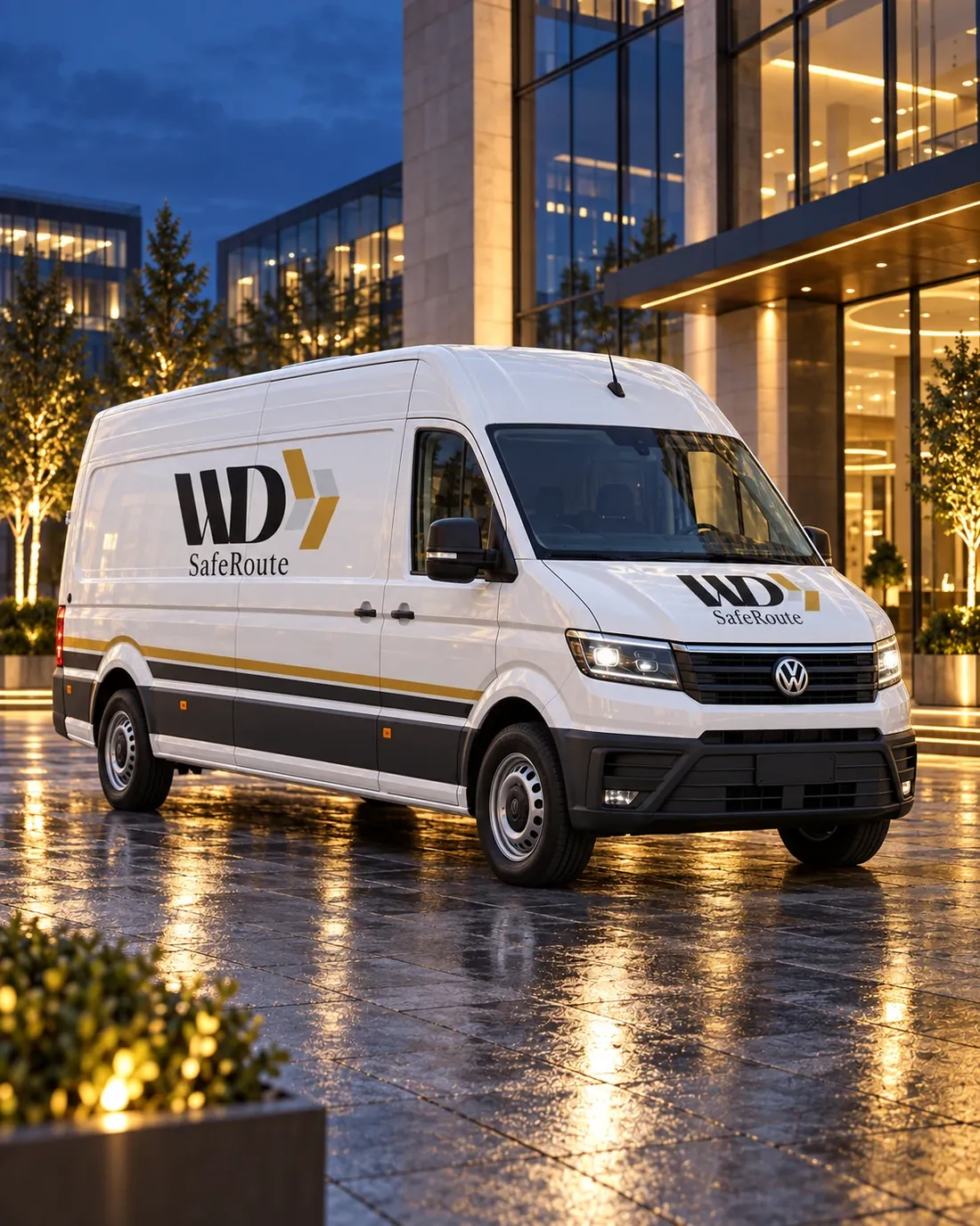 WD-SafeRoute-Transporter vor einem beleuchteten Gebäude